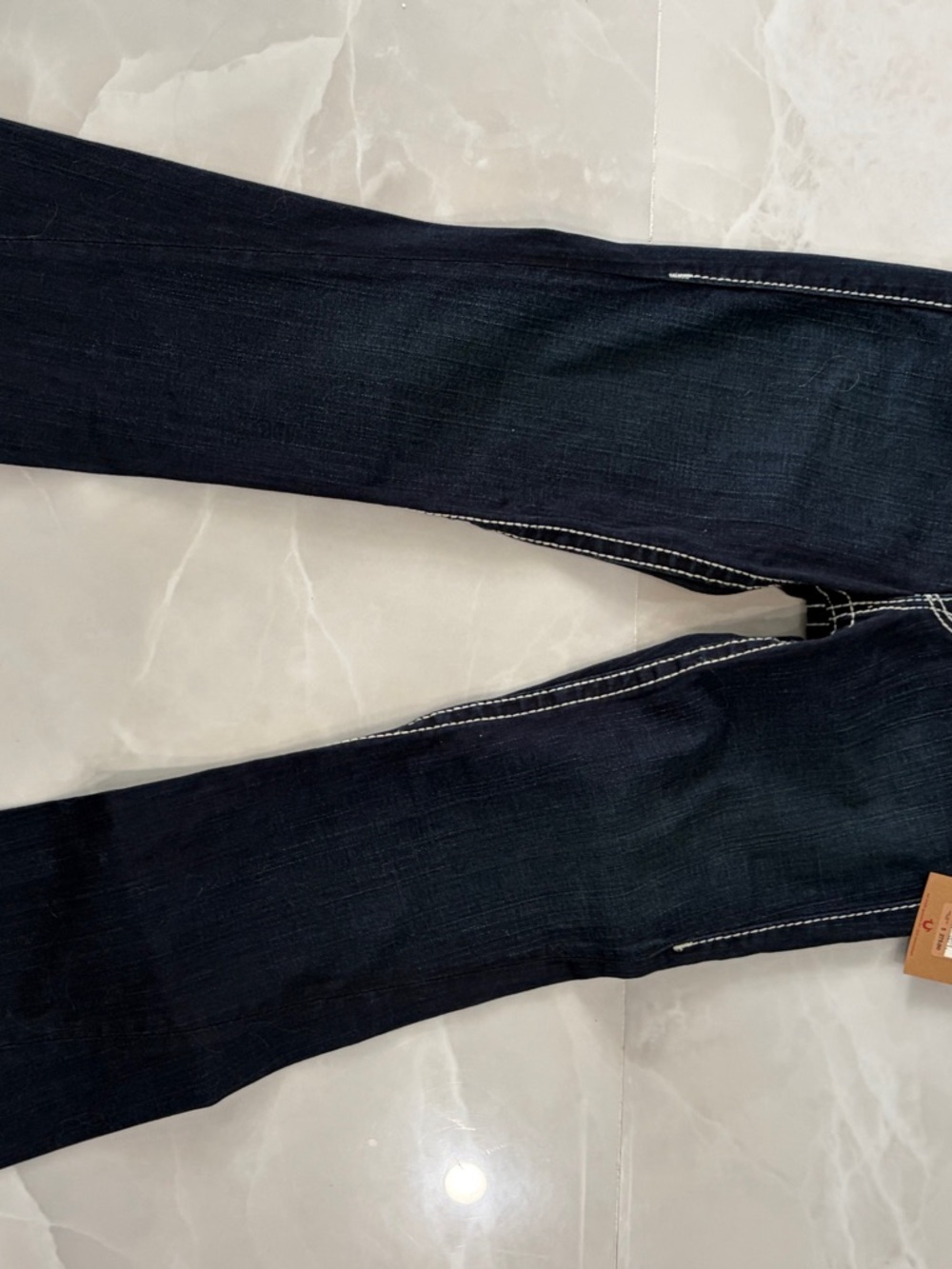 True Religion Dark Blue Jeans with White Stitching, Joey style, crystals